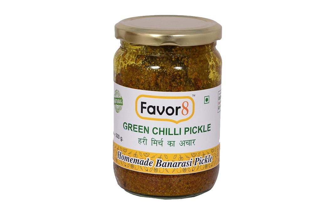 Favor8 Green Chilli Pickle    Glass Jar  500 grams